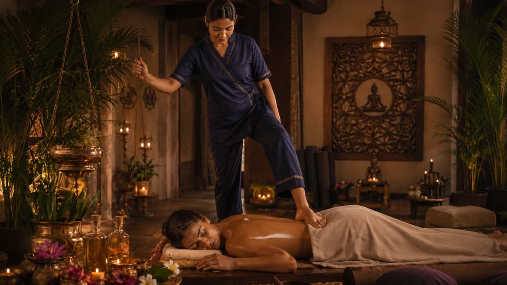 Massagem ayurvédica em ambiente terapêutico