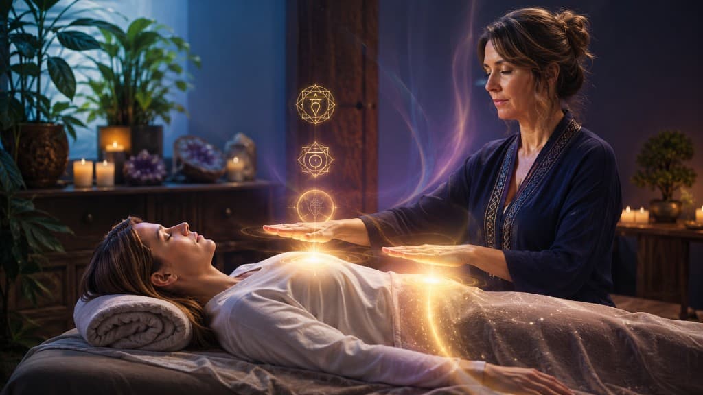Sessão de Reiki com símbolos de chakras